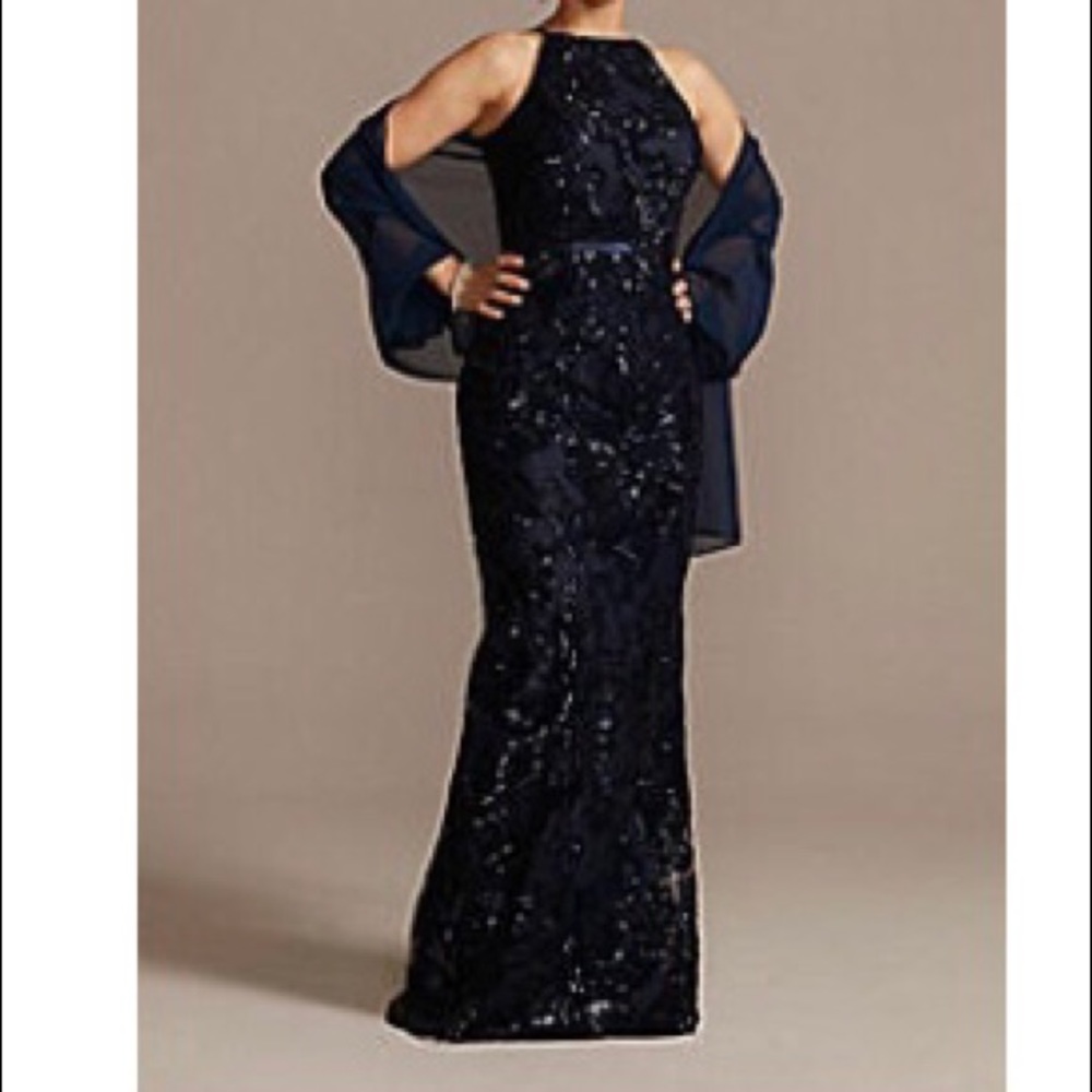 Sequin Floor Length Navy Halter Dress with Shawl
